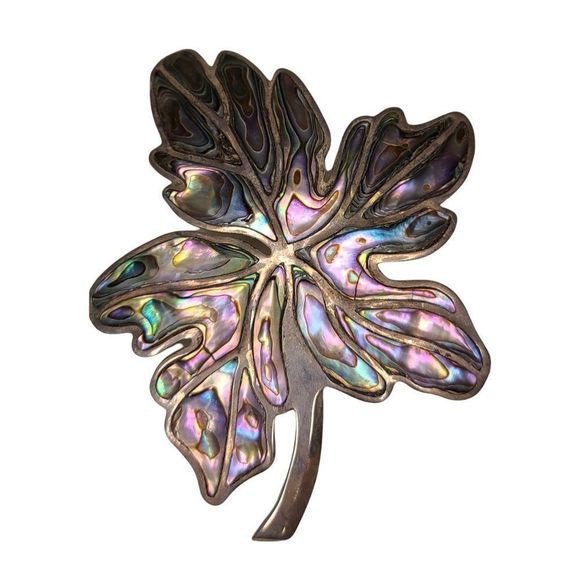 LARGE Vintage Abalone LEAF‎ BROOCH Pin signed Mexico 925 - Picture 2 of 6